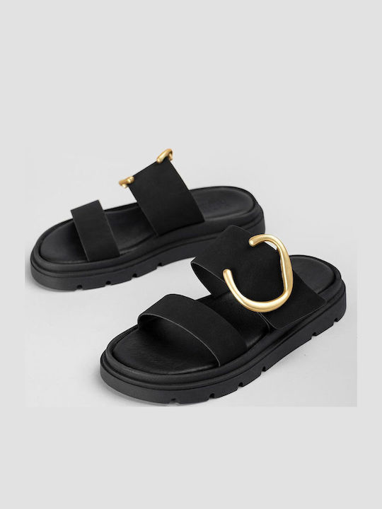 Sandale Casual Damă Flatforme Negre Din Piele