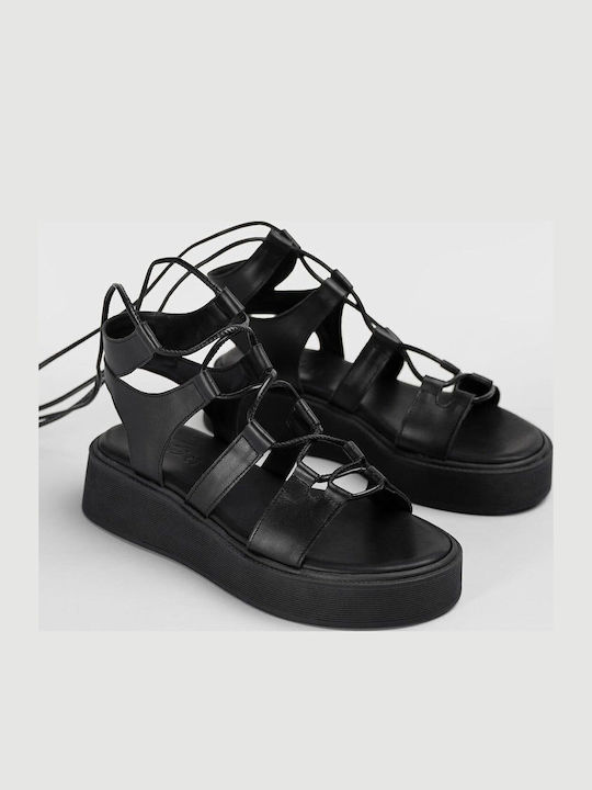 Leather Women's Flat Sandals Gladiator Flatforms Black