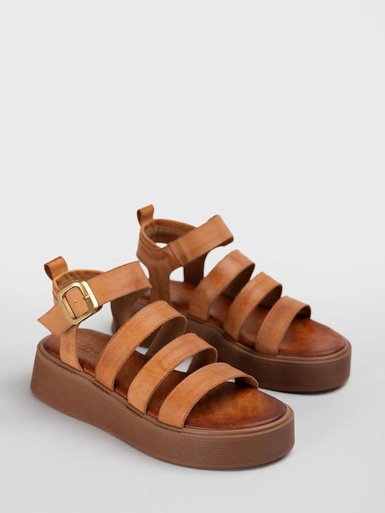 Δερμάτινα Γυναικεία Σανδάλια Flatforms Ταμπά