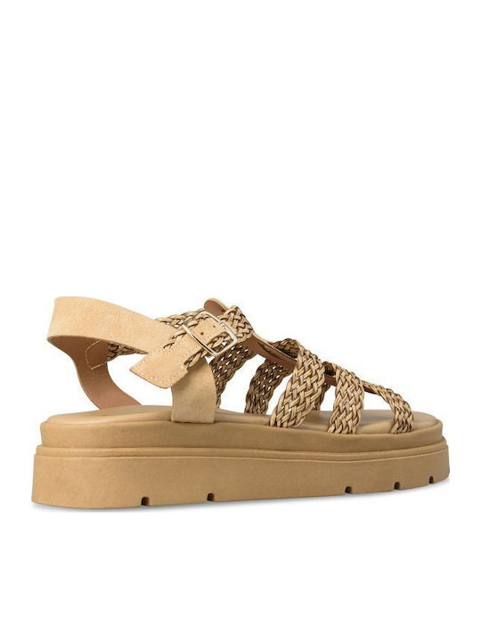 Δερμάτινα Γυναικεία Σανδάλια Flatforms Καφέ