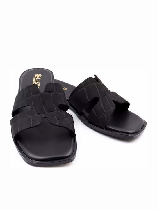 Flache Damen Sandalen Leder Schwarz