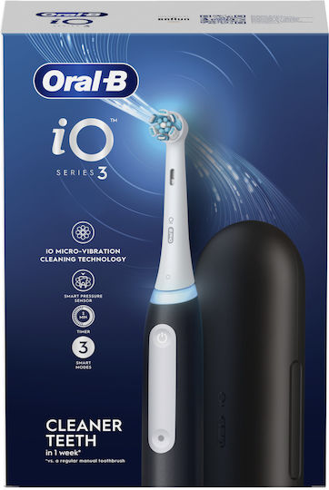 Oral-B Io 3 Ηλεκτρική Οδοντόβουρτσα με Αισθητήρα Πίεσης και Θήκη Ταξιδίου Μαύρη