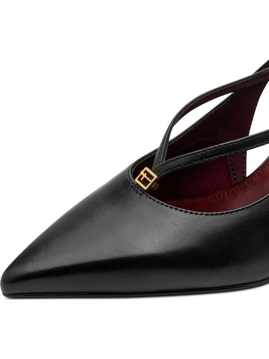 Leder Spitze Zehe Pumps mit Riemen & Dünnem Mittelhohem Absatz Schwarz