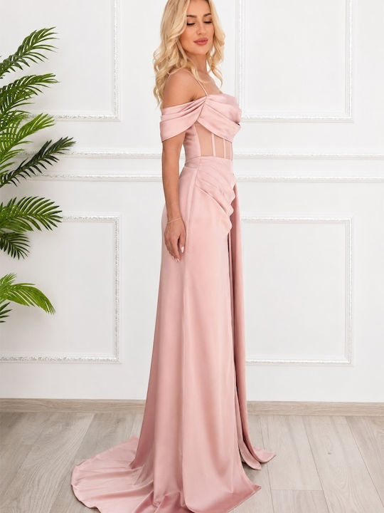 Sommer Abendkleid Slip Dress Satin Wickel mit Masche Rosa