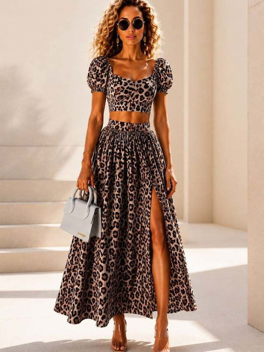 Set Cu Fustă Maxi Talie Înaltă Leopard Bej