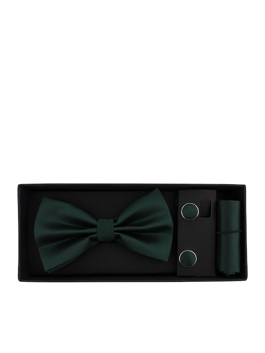 Set 3 Piese Cravată Papillon Butoni De Manșetă Batistă Bărbați Verde Închis Setp201