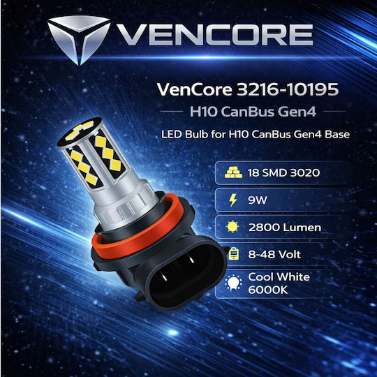 Vencore 3216-10195 H10 Canbus Gen4 LED Lamp Base H10 Canbus Gen4 18 SMD 3020 9W 2800 Lumen 8-48 Volt Cold White 6000K 3216-10195