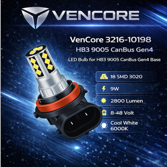 Vencore 3216-10198 HB3 9005 Canbus Gen4 LED Lamp Base HB3 9005 Canbus Gen4 18 SMD 3020 9W 2800 Lumen 8-48 Volt Cold White 6000K 3216-10198