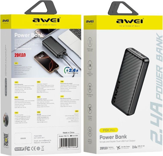 Awei P6K Pro Power Bank 20000mAh with 2 USB-A Ports Black