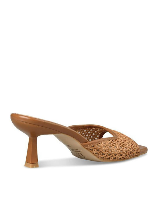 Leather Mules with Thin Heel in Brown Colour