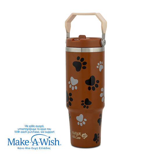 Nava "we Care" Handled Tumbler Thermos Stainless Steel 900ml Paw Prints with Straw and Handle