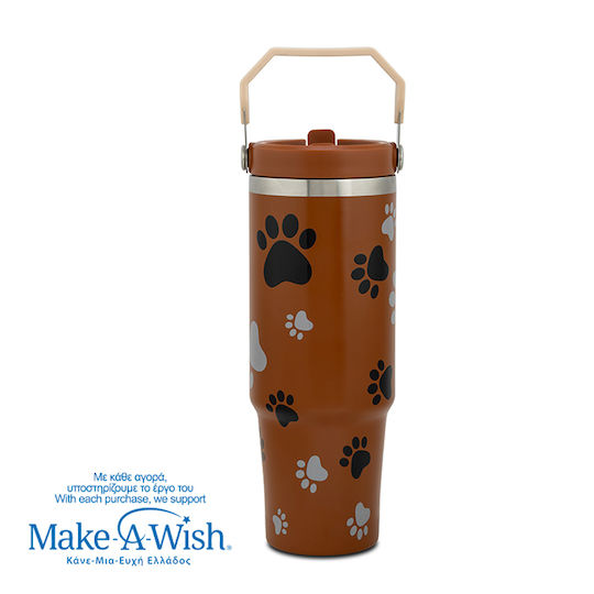 Nava "we Care" Handled Tumbler Thermos Stainless Steel 900ml Paw Prints with Straw and Handle