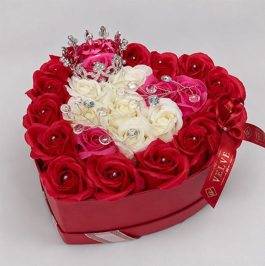 Aranjament Floral Regal 25 Trandafiri De Săpun Argintiu Coroană Regală Accesorii De Lux În Cutie În Formă De Inimă Roșu-Roz-Alb