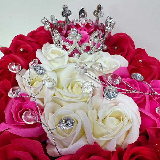 Royal Floral Arrangement 25 Soap Roses Silver Royal Crown Luxury Accessories In A Heart-shaped Box Red-pink-white