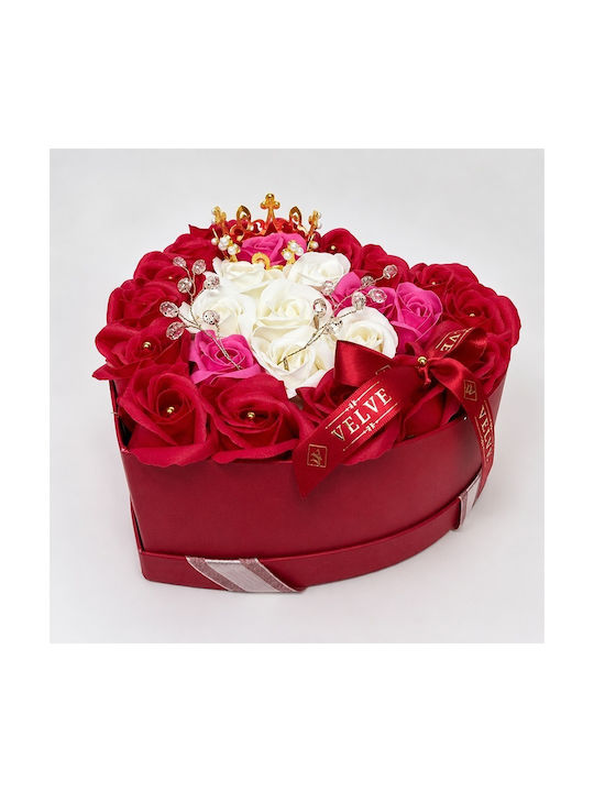 Aranjament Floral Regal 25 Trandafiri De Săpun Coroană Regală Aurie Accesorii De Lux În Cutie În Formă De Inimă Roșu-Roz-Alb
