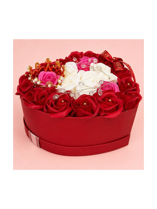 Aranjament Floral Regal 25 Trandafiri De Săpun Coroană Regală Aurie Accesorii De Lux În Cutie În Formă De Inimă Roșu-Roz-Alb