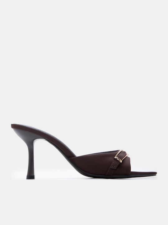 Satin Mules With High Heel In Brown Colour