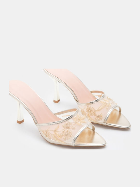 Damen Pantoletten mit Hoch Absatz in Gold Farbe