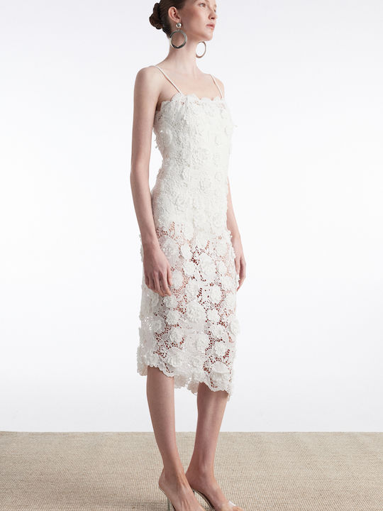 Summer Midi Evening Slip Dress with Lace White