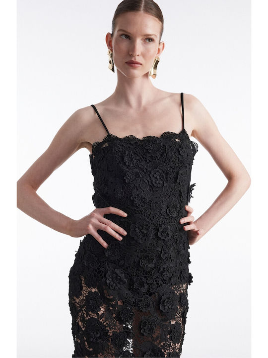 Summer Midi Evening Slip Dress with Lace and Mesh Black