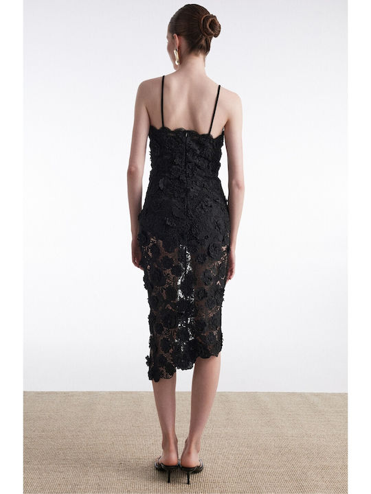 Summer Midi Evening Slip Dress with Lace and Mesh Black