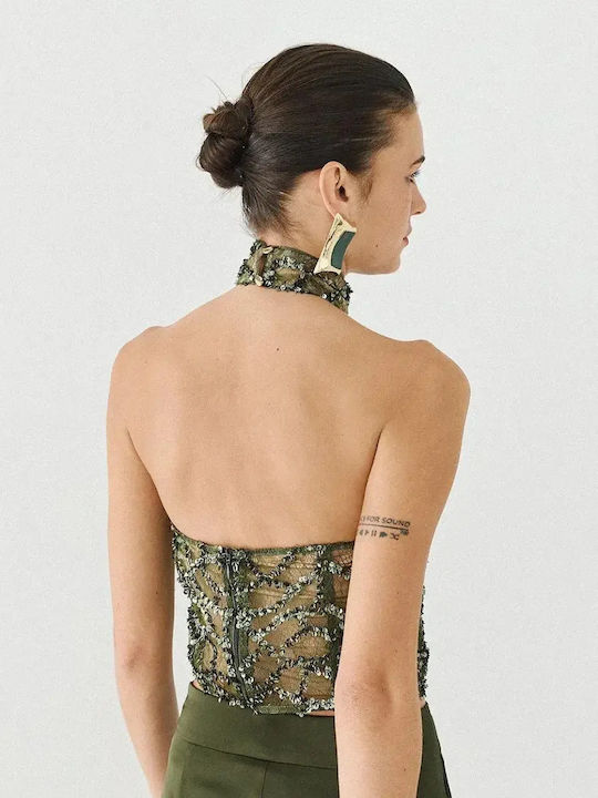 Women's Sleeveless Blouse with Neck Tie Olive