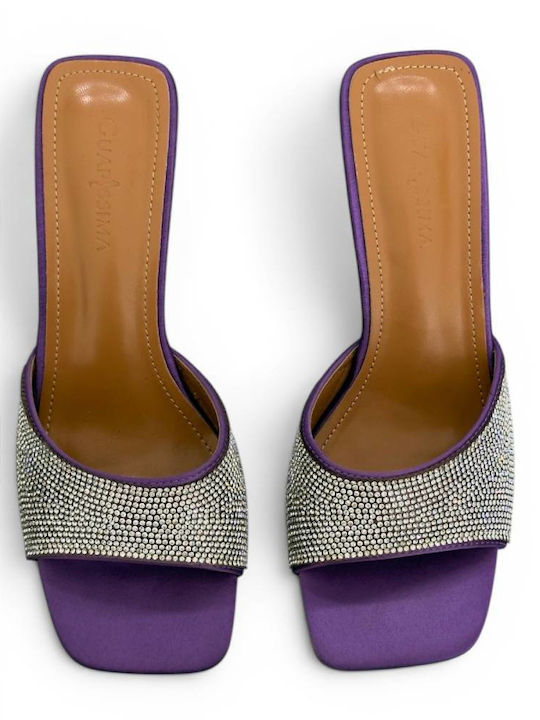 Satin Mules with High Heel in Purple Color