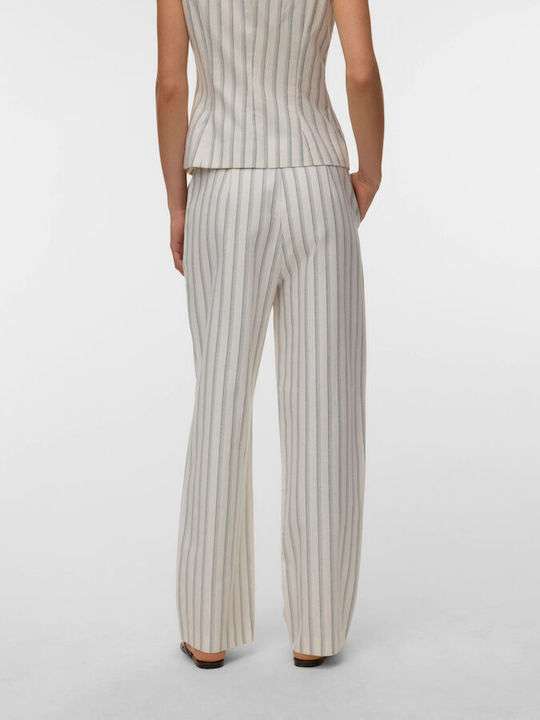 Damen Hochgeschnittenes Leinenhose in Gerader Bein Stil Gestreift Snow White W China Blue Streifen