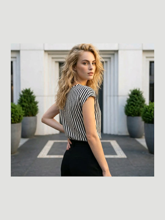 Women's Blouse with V-Neck Striped Beige Black