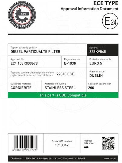 SKV Φίλτρο DPF για Ford