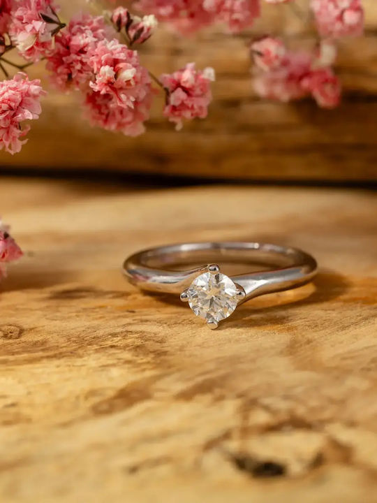 Single Stone Ring In 14K White Gold With Synthetic Diamond