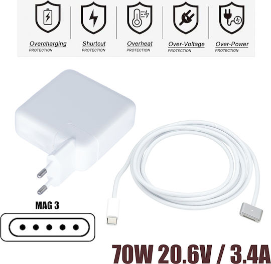 Laptop Charger 70W 20.6V 3.4A for Apple with Detachable Power Cord