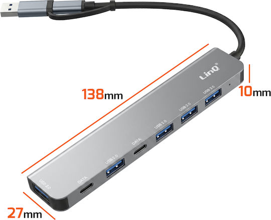 Linq Hub Usb-c Usb-a 7-in-1 5gbps To 2x Usb-c Usb-a 3.0 4x Usb-a 2.0 Grey
