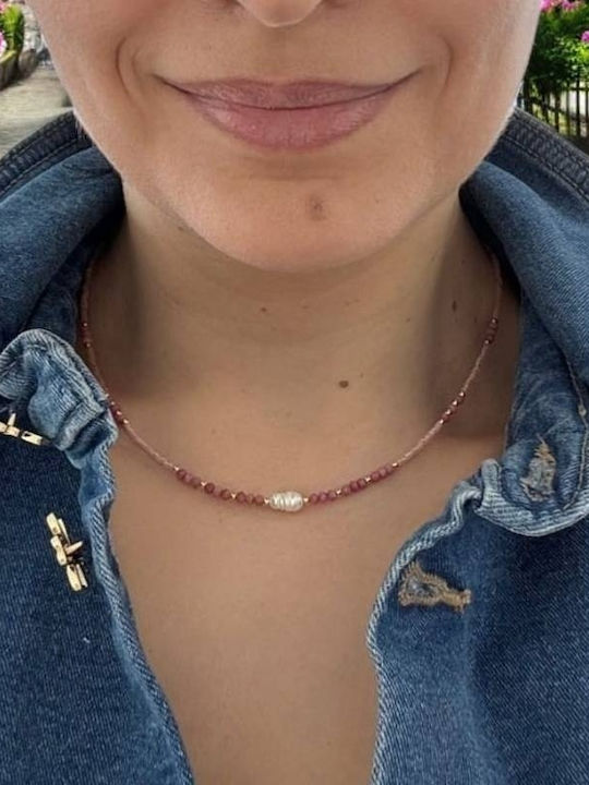 Ezera Choker Mit Herz-Design Aus Vergoldetem Silber Mit Rosafarbenen Perlen