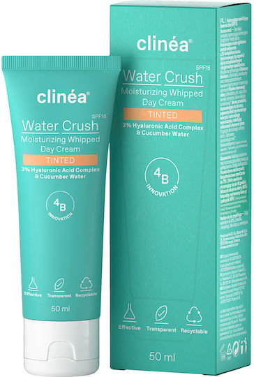 Clinea Water Crush Tinted Ενυδατική Κρέμα Προσώπου Ημέρας με Χρώμα, SPF15, Υαλουρονικό Οξύ & Βιταμίνη C 50ml