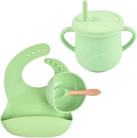 Set de Hrană din Silicon cu Bază Antiderapantă Verde 4 Buc pentru 6+ Luni