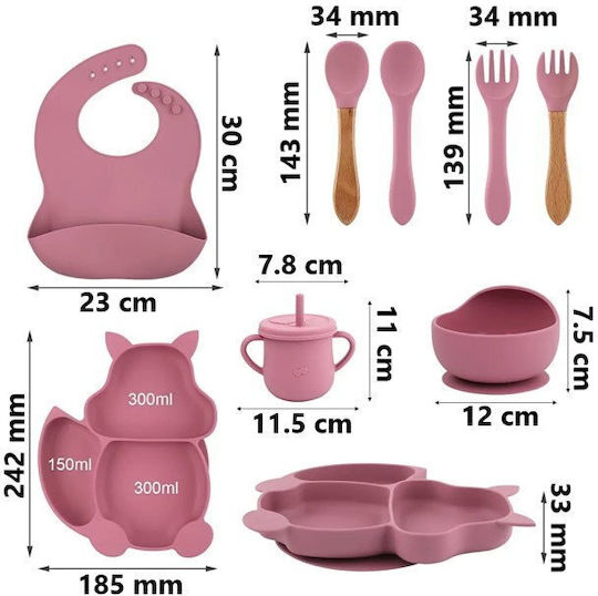 Set de Hrană din Silicon cu Bază Antiderapantă Roz 4 Buc pentru 6+ Luni