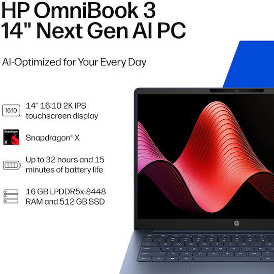 HP OmniBook 3 14-HZ0015DX 14" IPS FHD+ Touchscreen (Snapdragon-X1-26-100/16GB/512GB SSD/W11 Home) (US Keyboard)