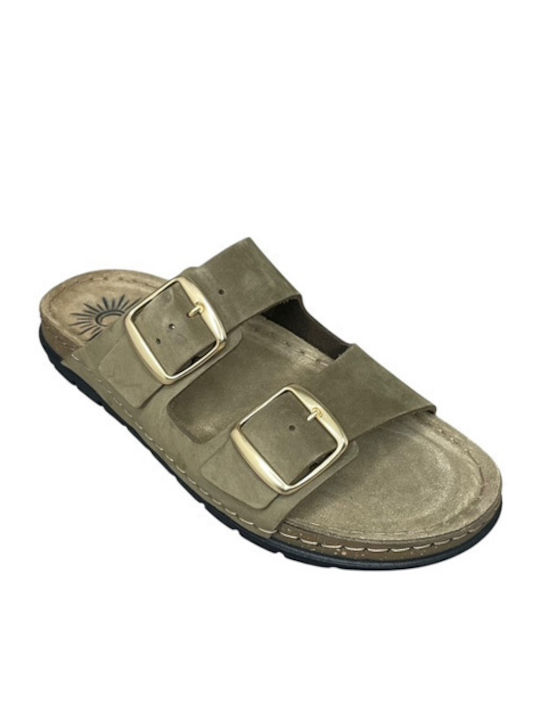 Leather Women's Flat Sandals Green