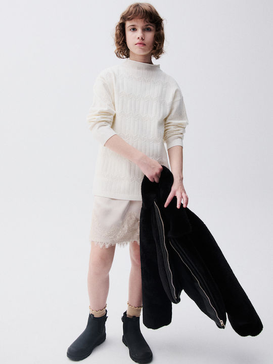 Mädchenkleid Ärmelloses Gestricktes Set mit Bluse Beige