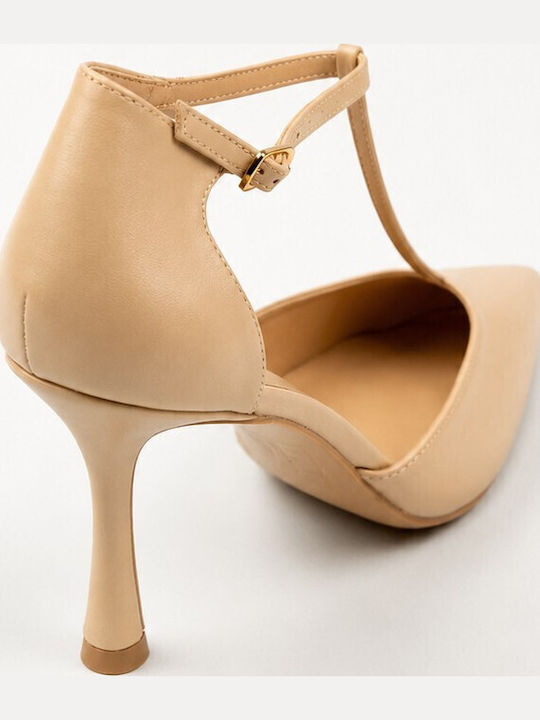 Pointed Toe Heels with Stiletto Heel & Strap Beige