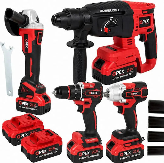 Erem OPX28007 Angle Grinder, Drill Driver, Impact Driver & Hammer Brushless 21V with 2 Batteries 3Ah and Case
