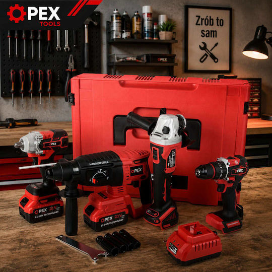 Erem OPX28007 Angle Grinder, Drill Driver, Impact Driver & Hammer Brushless 21V with 2 Batteries 3Ah and Case