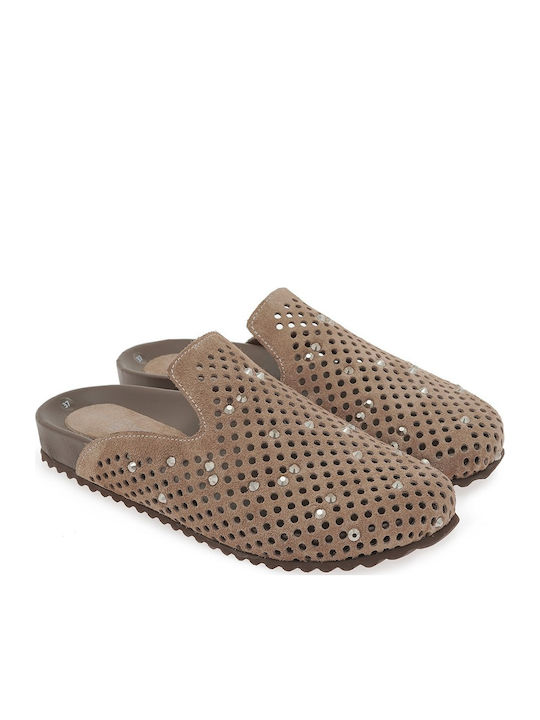Flat Leather Mules in Brown Colour