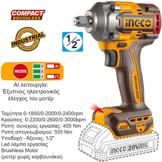Ingco Ingco Akkubetriebene Werkzeugsets Eckiges Rad Schlagbohrschrauber Schlagschrauber Hammer Objektiv Brushless 20V mit 2 Batterien 4Ah und Tragetasche