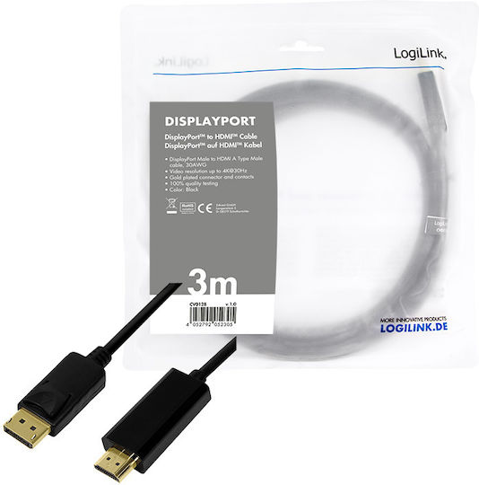 LogiLink Kabel DisplayPort-Stecker - HDMI-Stecker 3m Schwarz (CV0128)