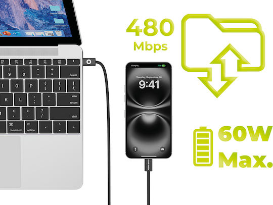 Mobile Origin Braided USB 2.0 Video Cable USB-C Male - USB-C 60W PD Black 1m MO-USC-CB11-BLK