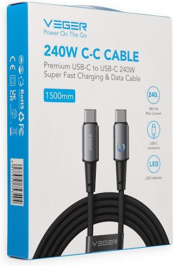 Veger LED / Braided USB 2.0 Cable USB-C male - USB-C 240W Μαύρο 1.5m CC2-ZSD