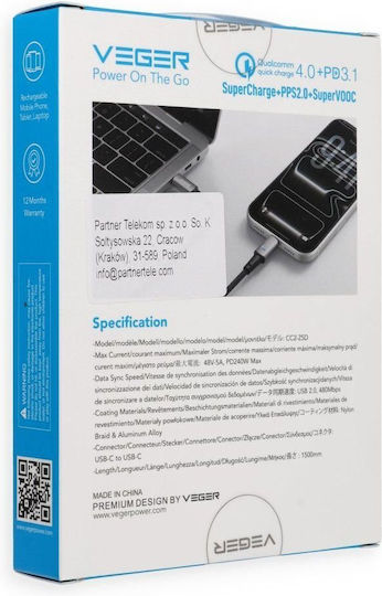 Veger LED / Braided USB 2.0 Cable USB-C male - USB-C 240W Μαύρο 1.5m CC2-ZSD