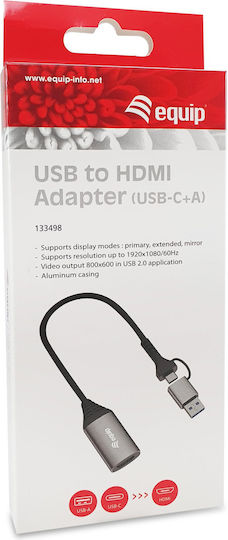Equip Μετατροπέας USB-A / USB-C male σε HDMI male Γκρι 1τμχ 133498